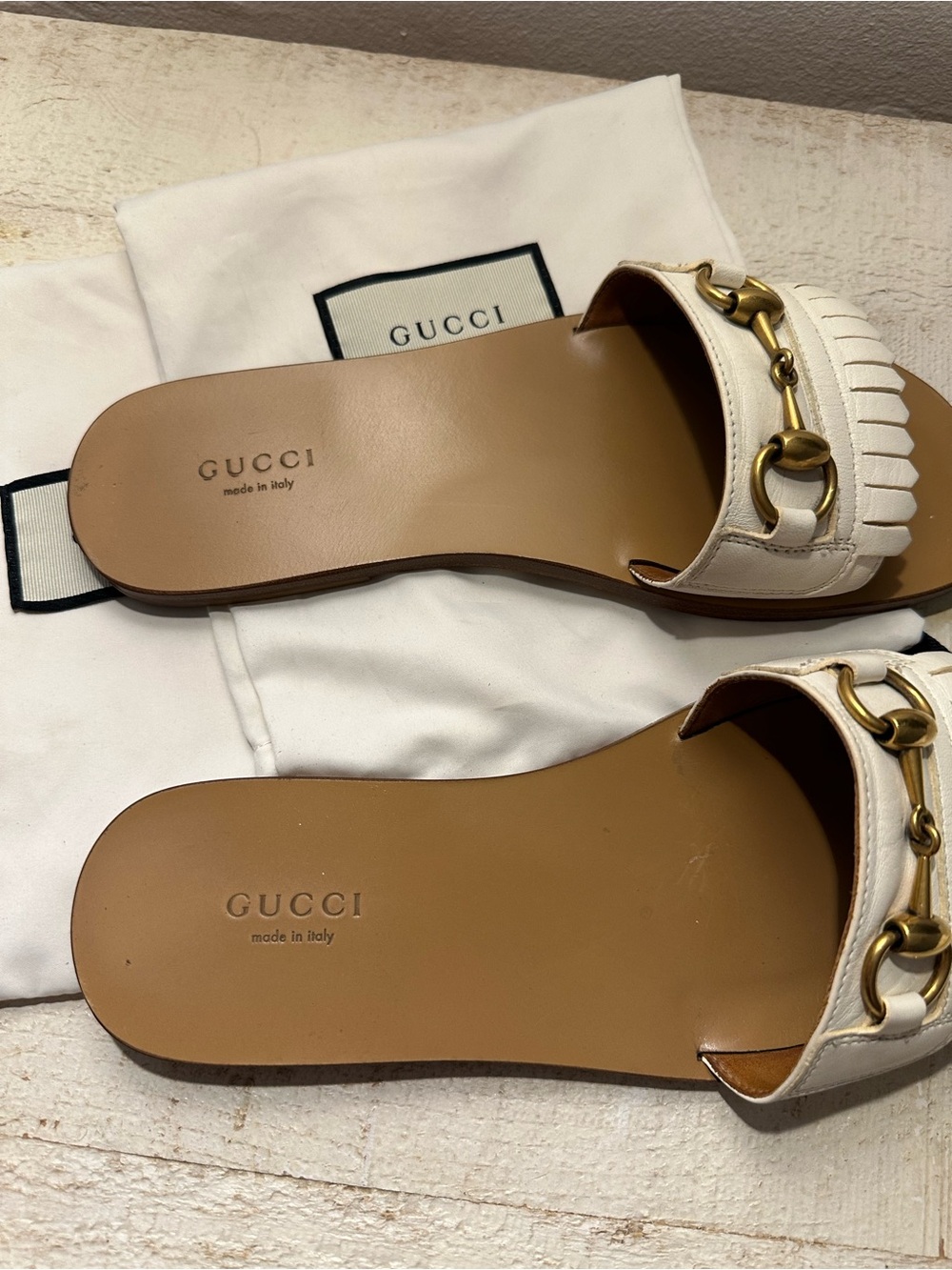 Gucci Cream Leather Horsebit Fringe flat sandals size 7.5 - Picture 4 of 11